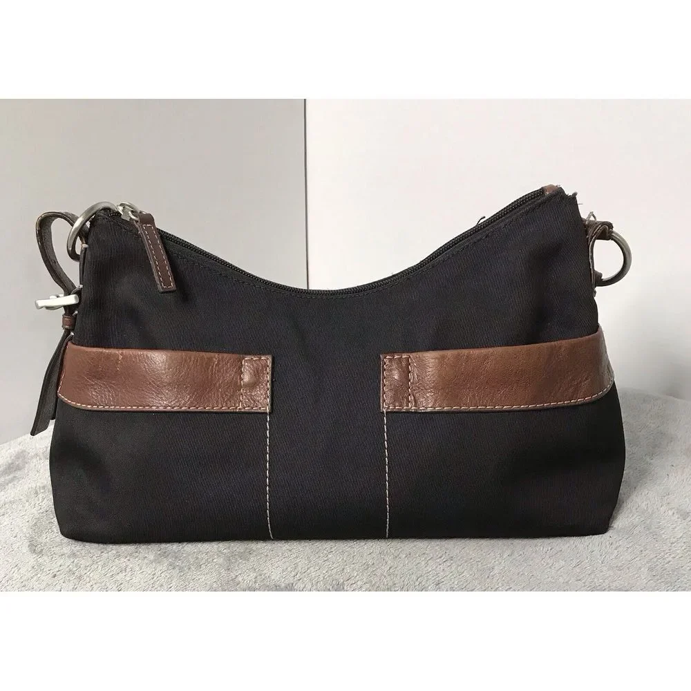 Fossil‎ Tan Black Nylon Leather Trim Shoulder Bag Handbag Hobo Purse READ